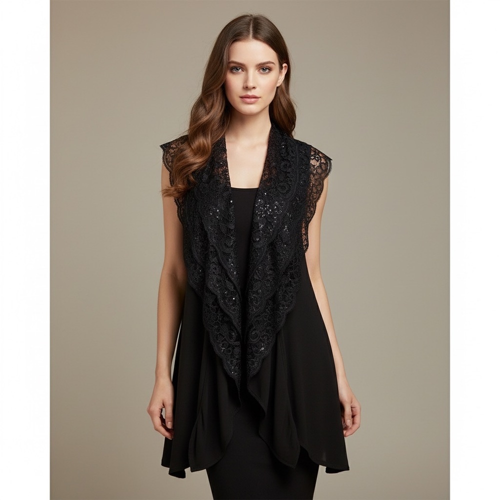 ALICE + OLIVIA Black Cascading Ruffled Knit Floral Lace Sweater Vest Cashmere XS